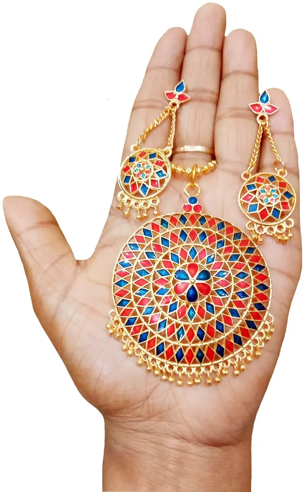 Assamese_Traditional_Gold_Plated_Red_Blue_Minakari_Japi_Chain_Jewellery_Set_For_Women